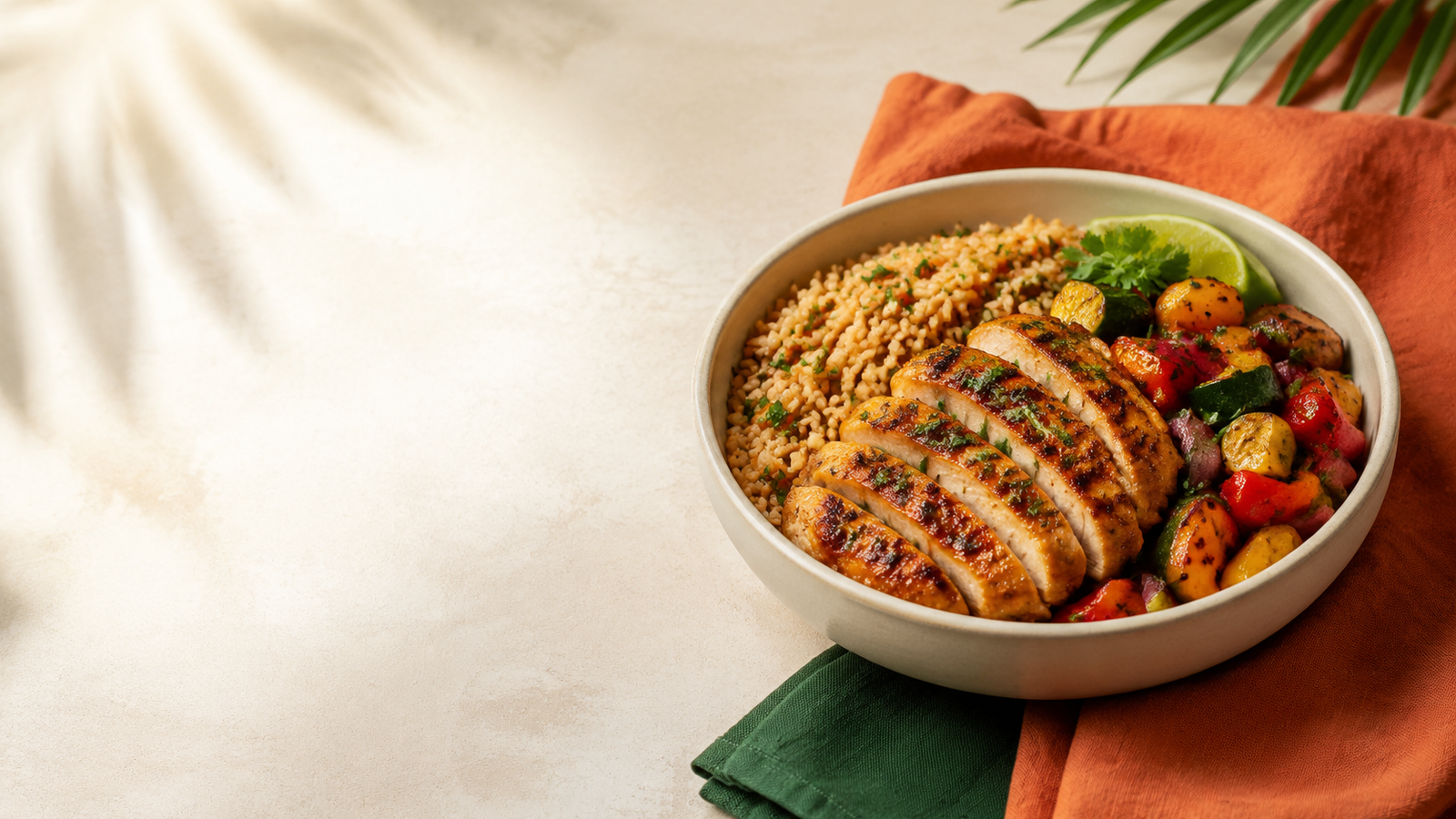 Fresh grilled chicken, rice and roasted vegetables